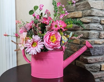 Extra Large Pink Watering Can Floral Arrangement, Summer Centerpiece, Farmhouse Floral Centerpiece, Summer Table Decor