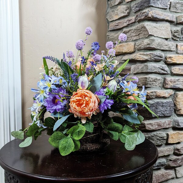 Orange & Purple Farmhouse Floral Tea Cup Arrangement, Summer Floral Centerpiece, Spring Coffee Table Flowers,  Garden Party Decor