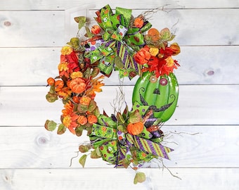 Halloween Wreath | Halloween Pumpkin Wreath | Whimsical Bohemian Green Jack-O-Lantern Wreath | Halloween Wall Decor