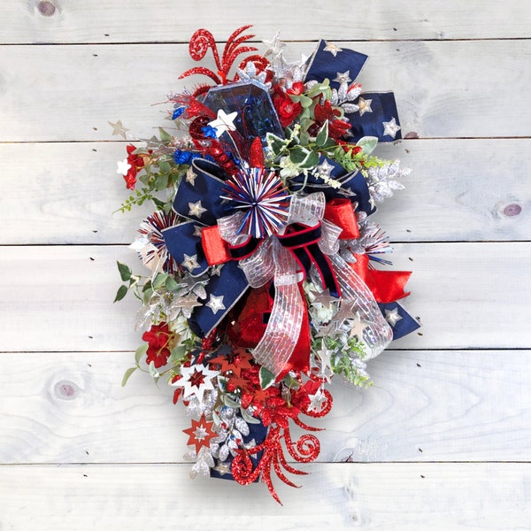 Extra Large 4th of July Swag for Front Door, Patriotic Wreath, Red White and Blue Wreath, Stars & Stripes Patriotic Swag