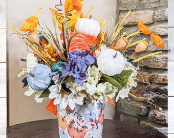 Blue Orange and White Farmhouse Fall Pumpkin Centerpiece, Autumn Farmhouse Kitchen Decor, Thanksgiving Fall Pumpkin Table Centerpiece