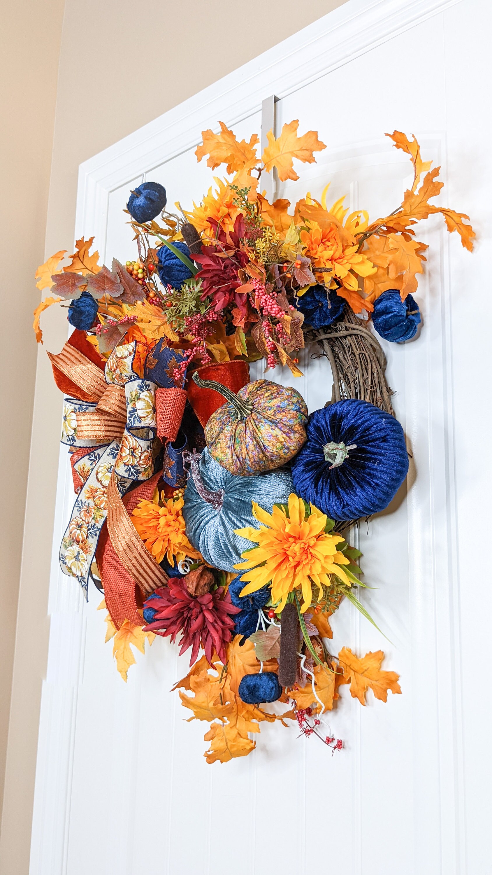 Blue and Multi-colored Pumpkins Fall Wreath for Front Door, Pumpkin and ...