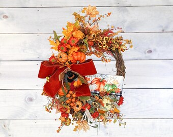 Fall Pumpkin Wreath | Rustic Autumn Wreath with Pumpkins and Fall Foliage | Thanksgiving Wreath with Pumpkins, Fall Foliage and Turkey