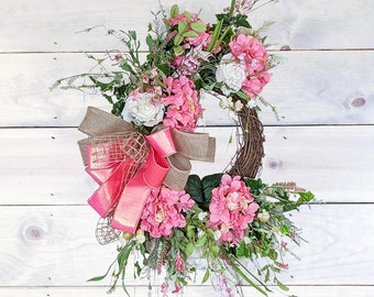 Pink Spring Floral Wreath | Classic Spring Floral Farmhouse Wreath | Colorful Spring Floral Wreath for Mom | Front Door Spring Wreath