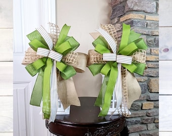 Moss Green and Beige Lantern Bow Set, Neutral Colored Farmhouse Bow (set of 2), Year round Wreath Bow (2), Spring Bow Set, Summer Bow Set