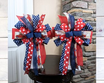 Red White and Blue Patriotic Lantern Bow Set | Patriotic Bow (set of 2) | Patriotic Wreath Bow Set | 4th of July Bow Set