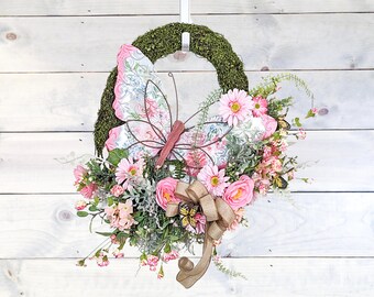 Butterfly Spring Floral Wreath, Pink Floral Moss Covered Wreath with Spring Greenery, Everyday Floral Wreath, Summer Wall Decor