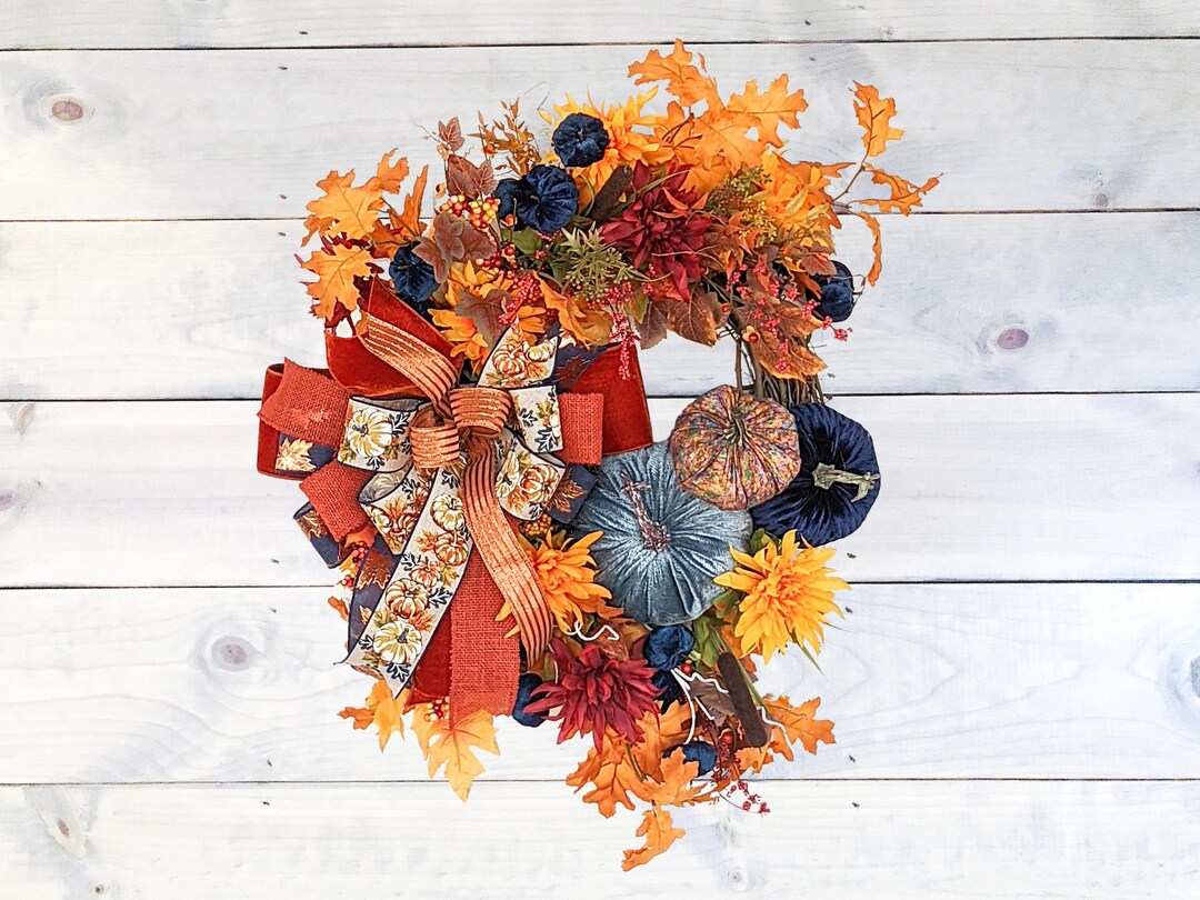 Blue and Multi-colored Pumpkins Fall Wreath for Front Door, Pumpkin and ...
