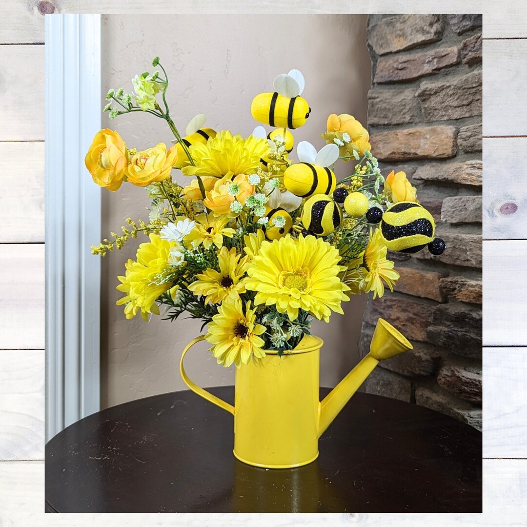 Bumble Bee Yellow Watering Can Floral Arrangement, Spring and Summer ...
