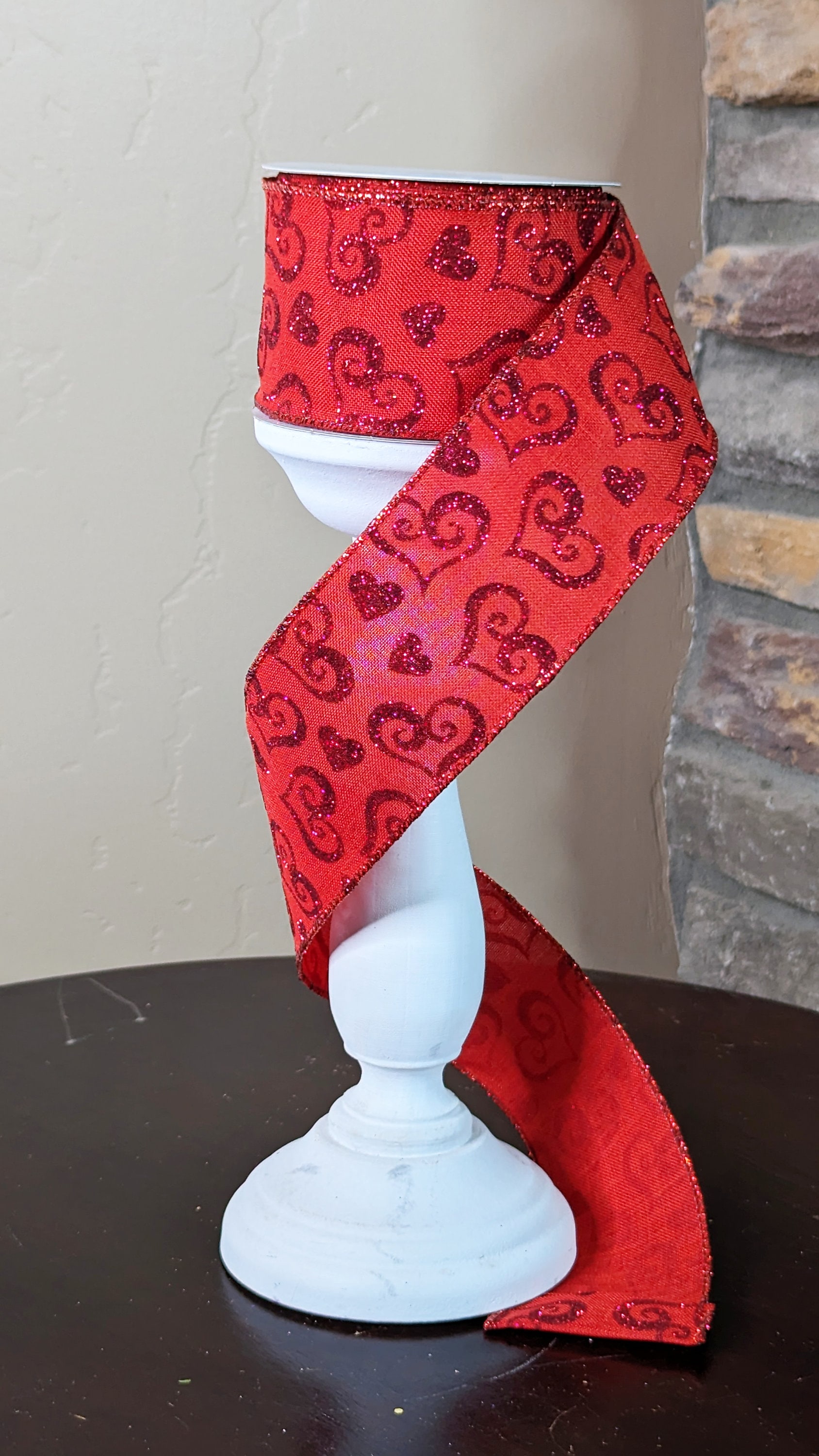 92598W-065-40F Ribbon | Red Linen Heart Swirls Ribbon | 2.5