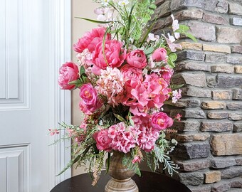 Extra Large Pink Floral Arrangement, Pink Hydrangea Raunuculus Floral Centerpiece, Spring Mantel Decor