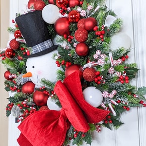 Extra Large Snowman Frosted Evergreen Christmas Wreath With Red and ...