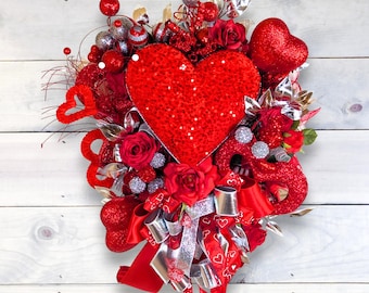 Red & Silver Valentine Heart Wreath, Glitter Heart Door Decor, Romantic Front Door Accent