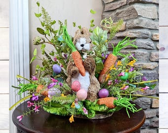 Handmade Sisal Bunny Centerpiece with Spring Flowers, Whimsical Easter Bunny Arrangement, Spring Floral with Easter Bunny & Eggs Table Decor