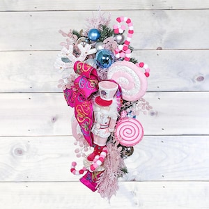 Blue & Silver Ball Garland Pink Nutcracker Christmas Swag with oversized Christmas candy and Snowflakes, Nutcracker Wall Decor