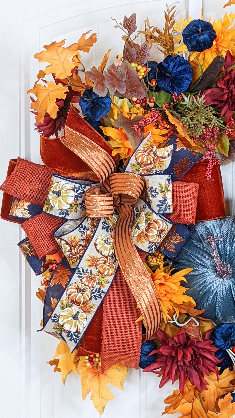 Blue and Multi-colored Pumpkins Fall Wreath for Front Door, Pumpkin and ...