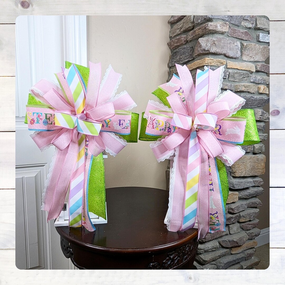 Handmade Pastel Pink & Green Easter Bows, Spring Lantern or Wreath Bow ...