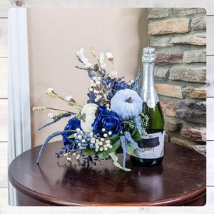 Thanksgiving Hostess Gift | Blue & White Pumpkin Wine Bottle Bouquet | Autumn Wedding Centerpiece | Fall Wine Bottle Decor
