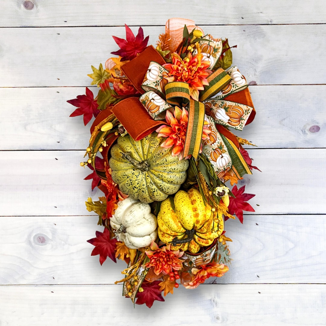 Handmade Autumn Pumpkin Swag Wreath, Fall Front Door Decor ...