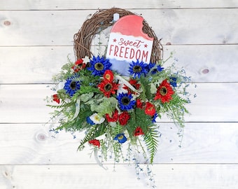 Sweet Freedom Patriotic Wreath, 4th of July Door Decor, Red White and Blue Summer Wreath, Handcrafted Memorial Day Wreath
