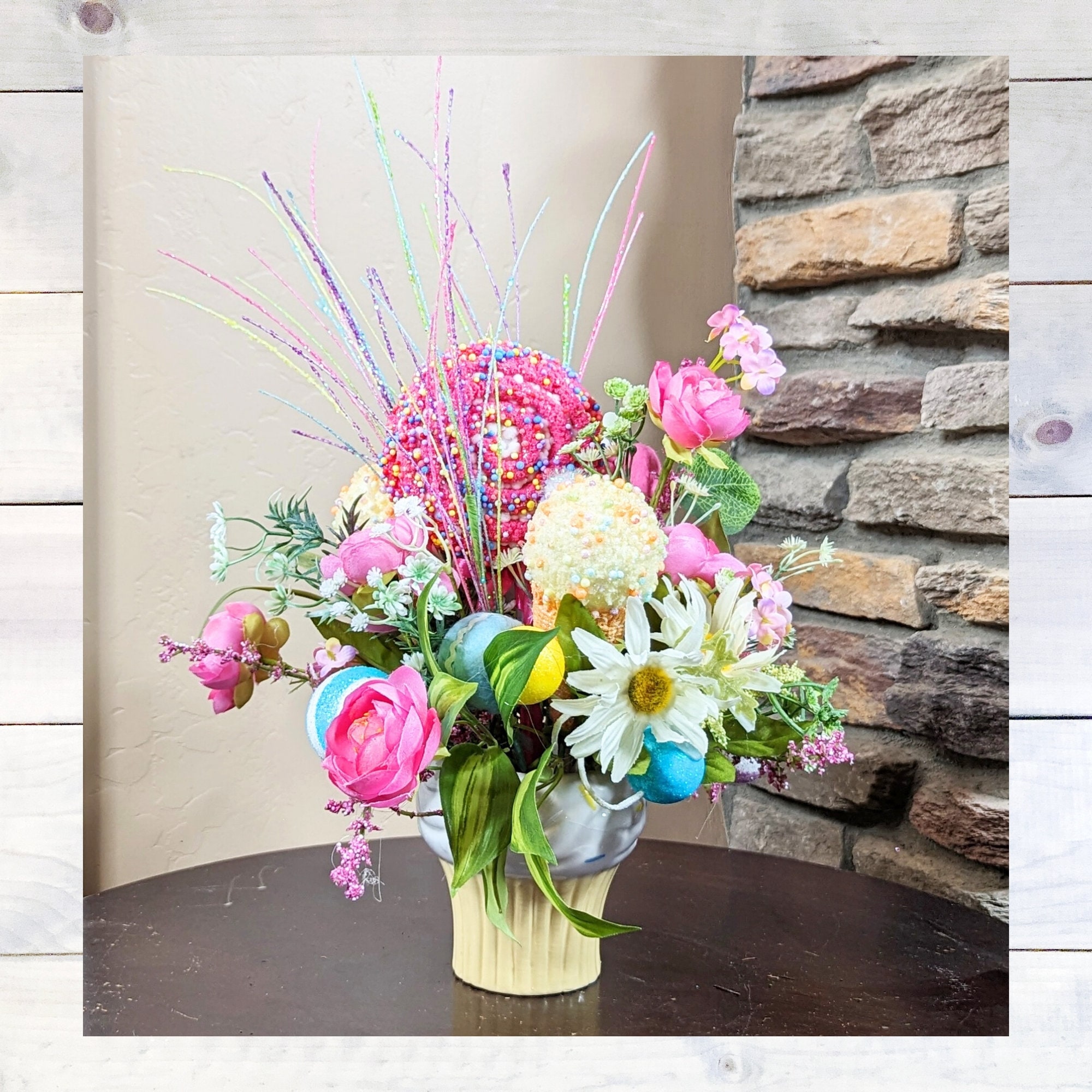 Summer Floral Ice Cream Cone Arrangement, Vanilla Ice Cream Cone Birthday Bouquet, Spring & Summer Patio and Garden Party Table Centerpiece