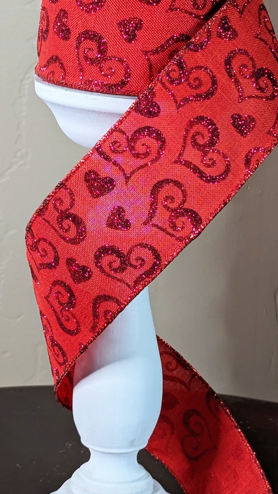 92598W-065-40F Ribbon | Red Linen Heart Swirls Ribbon | 2.5