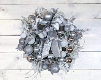 Silver Monochrome Christmas Wreath | Christmas Ornament Wreath | Silver Christmas Outdoor Wreath | Christmas Wall Decor