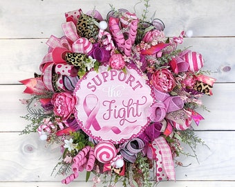 Support the Fight Breast Cancer Awareness Wreath, Cancer Survivor Front Door Wreath, Pink Ribbon Wreath, Breast Cancer Support Gift