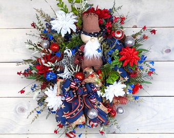 4th of July Wreath, Red White and Blue USA Wreat, Uncle Sam Patriotic Wreath, Independence Day Wreath for Front Door