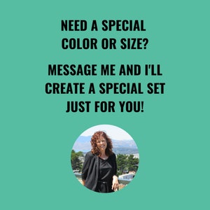 May include: A woman smiles and looks at the camera. Text reads: "Need a special colour or size? Message me and I'll create a special set just for you!"