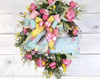 Spring Floral Welcome Wreath with Pink Roses and Lush Greenery, Year Round Welcome Wreath, Spring Pastel Wreath for Front Door