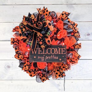 Lighted Halloween Witch Wreath | Halloween Wall Decor | Halloween Porch Decor | Welcome My Pretties Halloween Wreath