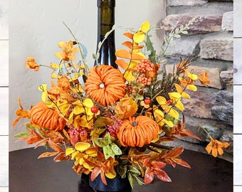 Handmade Fall Pumpkin Bottle Bouquet, Autumn Centerpiece & Hostess Gift, Fall Wedding Centerpiece, Wine Bottle Pumpkin Arrangement