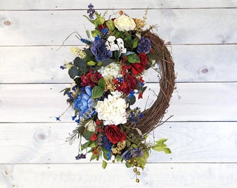 Independance Day Wreath, Patriotic Wreath for Front Door, Red White and Blue Patriotic Floral Wreath, 4th of July Wreath