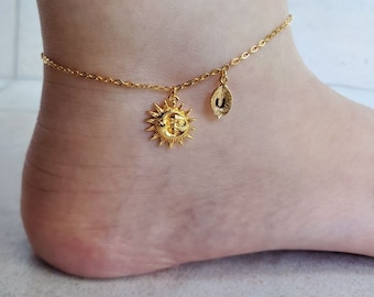 18k gold Sun Anklet, Celestial jewelry,sun & moon pendant silver Anklet for mother, custom Celestial Anklet for mom, mother's day gift