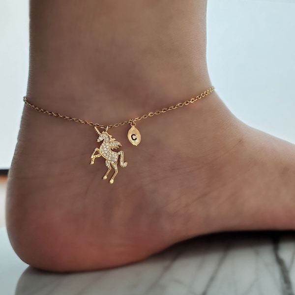 Unicorn Anklet for women, Personalized Little Girl's Initial dainty Unicorn unique animal Horse Anklet for mother, mother's day gift