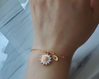 Sunflower Bracelet for women, Personalized gold dainty Gold Sunflower initial leaf unique Sun Flower Bracelets for mother,mother's day gift