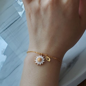 Sunflower Bracelet for women, Personalized gold dainty Gold Sunflower initial leaf unique Sun Flower Bracelets for mother,mother&#39;s day gift
