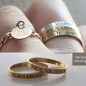 14k Gold filled Personalized Ring • Custom coordinates Roman numeral Sterling silver band Name ring_Gold Stacker_ Best friends ring Mom gift