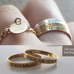 14k Gold filled Personalisierter Ring • Personalisierte Koordinaten Römische Zahl Sterling Silber Band Name ring_Gold Stacker_ Beste Freunde Ring Mama Geschenk