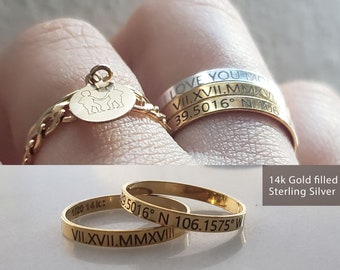 14k Gold filled Personalized Ring • Custom coordinates Roman numeral Sterling silver band Name ring_Gold Stacker_ Best friends ring Mom gift