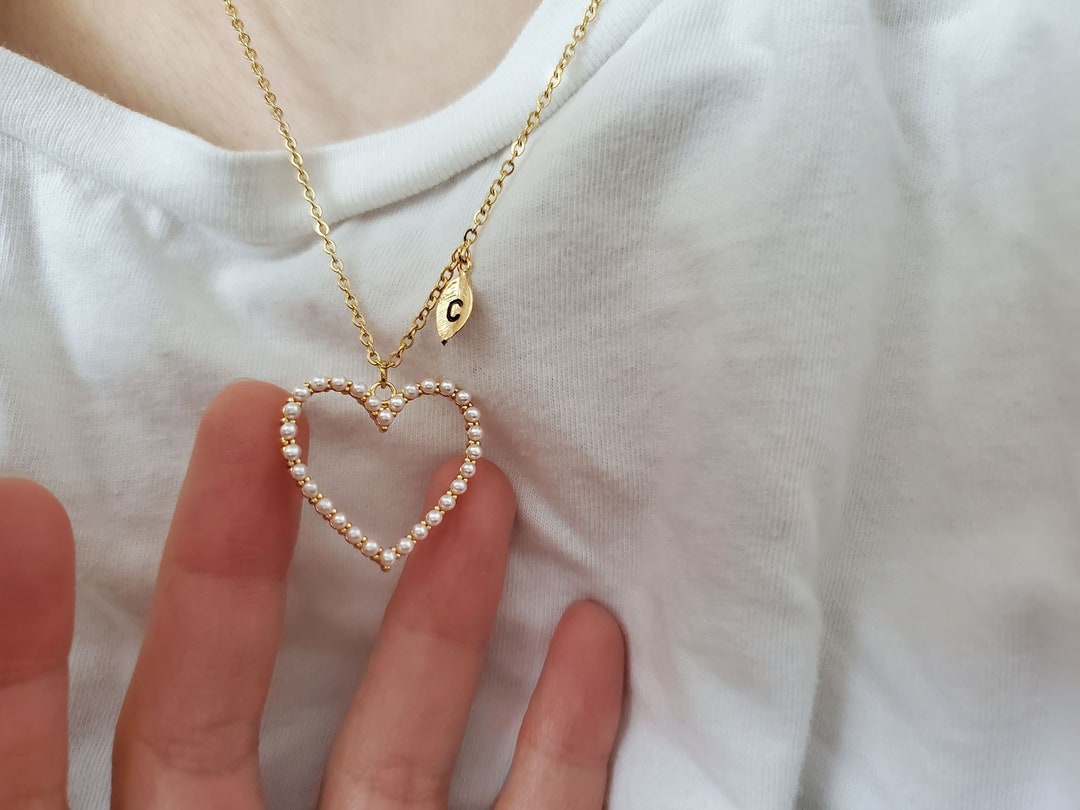 Pearl Heart Necklace, Kids Pearl Big Heart Necklaces,personalized 18k ...