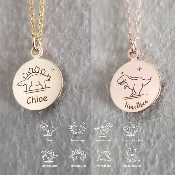 Baby Dinosaur Necklace •Custom Name circle necklace •Kids initial Dino Jewelry •Mom and baby dinosaur necklace • round animal necklace