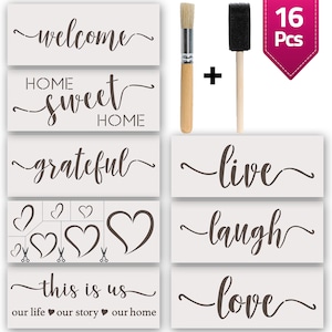 Reusable Stencil Kit - 16pcs Stenciling Set for Painting Wood Ceramic Metal Glass Fabric - 7 Words & Quotes, 7 Hearts,Brushes Paint / Sponge