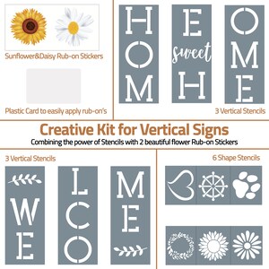 K&ouml;nnte beinhalten: Ein Bastelset zum Erstellen von vertikalen Schildern mit Schablonen und Rub-on-Aufklebern. Das Set enth&auml;lt drei vertikale Schablonen f&uuml;r das Wort "HOME", drei vertikale Schablonen f&uuml;r das Wort "WELCOME" und sechs Form-Schablonen, darunter ein Herz, ein Rad, ein Pfotenabdruck, ein Kranz, eine Sonnenblume und eine G&auml;nsebl&uuml;mchen. Das Set enth&auml;lt au&szlig;erdem zwei Rub-on-Aufkleber, eine Sonnenblume und eine G&auml;nsebl&uuml;mchen.