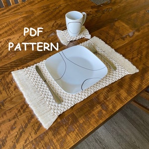 TWO PATTERNS Macrame Placemat and Coaster with Fringe Fibre Art image 1