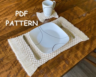 TWO PATTERNS -  Macrame Placemat and Coaster with Fringe -  Fibre Art