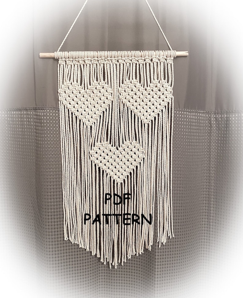 Macrame Wall Hanging Pattern Three Hearts Macrame Wall Hanging Pattern Wall Art Fibre Art image 1