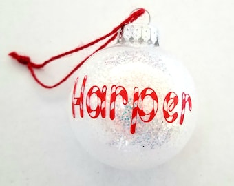 Candy Cane Ornament, Personalized Christmas, Custom Name with Peppermint Letters, White Glitter, Children's Gift, Holiday Decor, Kids Gift