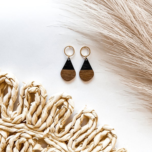 Wood & Black Resin Tear Drop Earrings, Handmade Earrings, Nickel Free Earrings, lightweight earrings, Minimalist, Boho, Made by hand